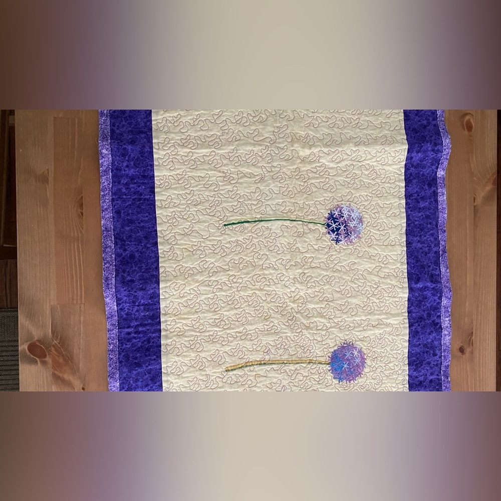 Quilted Handmade Table Runner Wildflower Pattern Beige Purple Green 41.5" X 21" - Picture 4 of 16
